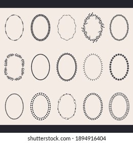 Oval frames in doodle style, cute hand drawn ellipse borders for text, monogram, quote. Big set with dotted, star, floral wreath. Winter, spring, summer, autumn design decoration, vector illustration svg