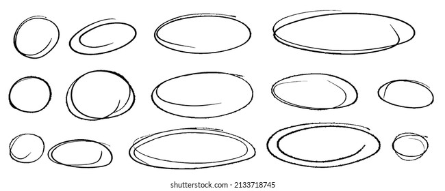Oval frames, highlight hand drawn curve underline and border. Hand drawn scribble circle set. Doodle ovals and ellipses line template. Stock vector illustration isolated on white background.