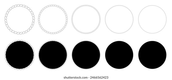 Oval frames set made with rope. Ellipse border frame set made of braided cord vector illustration. Isolated element.
