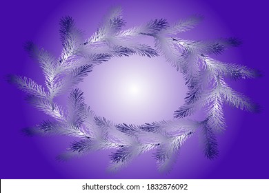 Oval frame-wreath of white-green pine branches on a blue gradient background. Vector template of Christmas, New Year card. Drawn by hand.