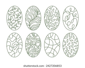 Oval geometric design elements set. Easter eggs, floral, nature, leaf background collection. Ovoid, egg shaped icon, flat vector illustration. Isolated hand drawn line art. Abstract botanical ornament
