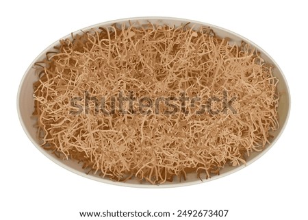 Oval gift package box with brown craft wrapping shredded paper as a filler isolated on white. Top view of round cardboard pack. Careful delivery of fragile valuable goods. Vector illustration