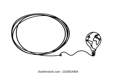 Oval with globe lightbulb as line drawing on white background. Vector