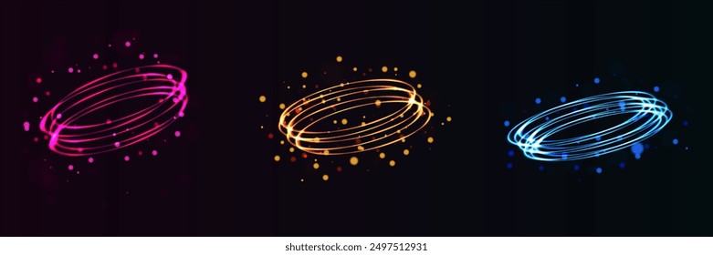 Oval glowing magic light effects.Bokeh sparkles with a round elliptical line. Vector illustration.