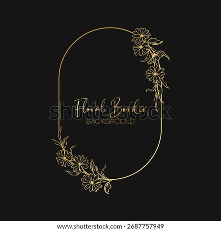 Oval gold frame with flowers. Refined leaves and flowers on a black background