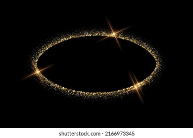 Oval Gold Frame From Glitters With Bright Glow Light Effect Vector Illustration. Abstract Golden Ellipse From Luxury Metal Dust For Swirl Portal, Decorative Royal Award Boarder On Black Background