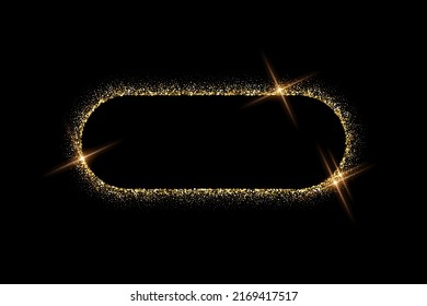 Oval Gold Frame From Glitters With Bright Glow Light Effect Vector Illustration. Abstract Golden Ellipse From Luxury Metal Dust For Swirl Portal, Decorative Royal Award Boarder On Black Background