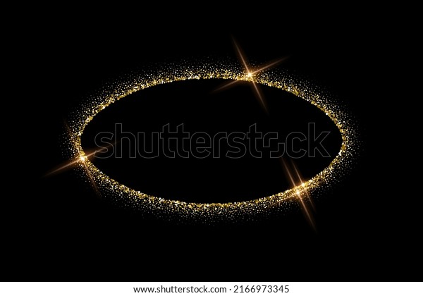 Oval gold frame from glitters with bright glow\
light effect vector illustration. Abstract golden ellipse from\
luxury metal dust for swirl portal, decorative royal award boarder\
on black background