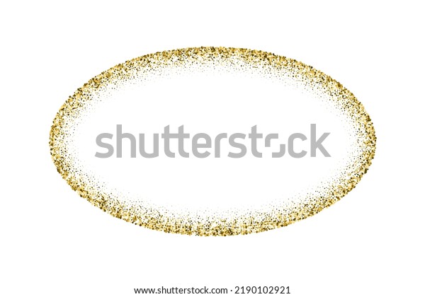 Oval gold frame from glitters with bright\
glow light effect vector illustration. Abstract golden ellipse from\
luxury metal dust for swirl portal, decorative royal award border\
on white background.