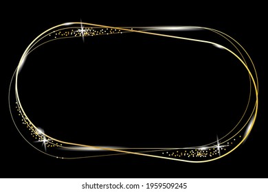 Oval gold frame in line art style on dark background. Wedding design. Vector illustration. Stock image.