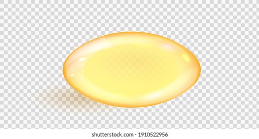 Oval golden fish oil capsule isolated on transparent background. Realistic gold collagen gel pill. Cosmetic capsule of omega-3, antibiotic, vitamin E or D. Vector illustration of amber serum droplet