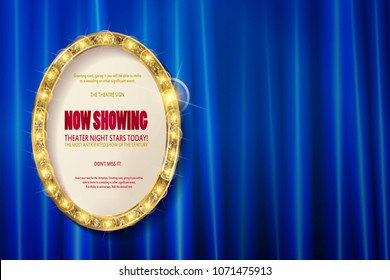 Oval Golden frame on the background of a blue curtain. Vector illustration