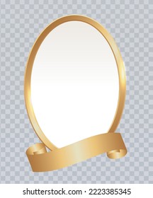 Oval golden photo frame with curved ribbon for inscription. Winner award emblem. Empty vignette for portrait on transparent. Vector realistic Mockup. EPS 10.