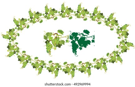 Oval Grapes frame and repeated element for wine labels or menu design. Isolated on white background