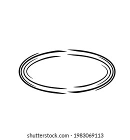 Oval grunge frame isolated on white background. Black ellipse ink border. Vector illustration.