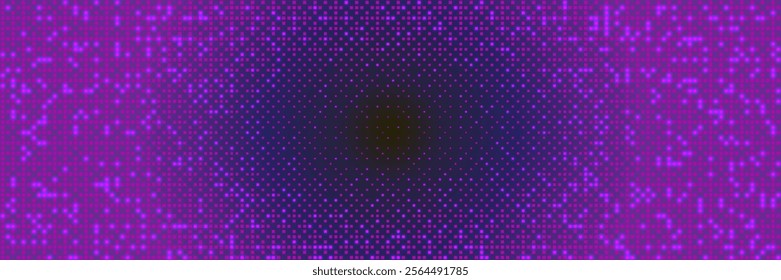 Oval halftone gradient bg with pixel pattern on neon purple background. Vector retro illustration with overlay glow effect. Bitmap dither texture