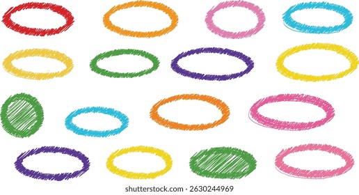 Oval highlight pastel color crayon shapes set - hand drawn sketchy rough ellipse circles design elements.