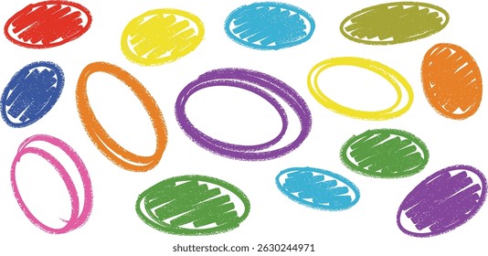 Oval highlight pastel color crayon shapes set - hand drawn sketchy rough ellipse circles design elements.