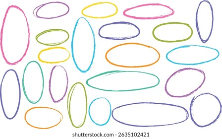 Oval realçar pastel crayon formas definido. Círculos de elipse desenhados à mão com lápis esboçado e textura de marcador. Destaques de design de estilo Grunge para ênfase, decoração, destaques de texto e projetos criativos