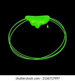 Oval horizontal frame with a flowing green slime. Dripping toxic viscous liquid. Vector cartoon illustration.