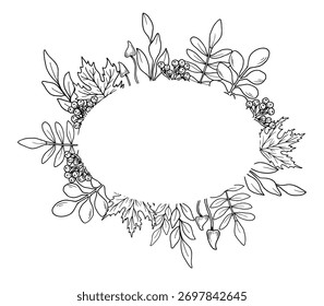 Oval horizontal frame with maple leaves, rowan berries, and mushrooms. Hand drawn botanical vector illustration. Black line art. Autumn garden background for seasonal celebrations and invitations.