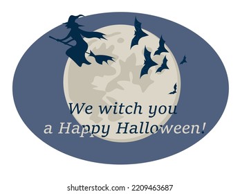 Oval horizontal halloween banner with witch flies on a broom against the background of the night sky and the full moon. Flat Art Vector Illustration