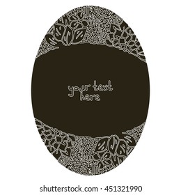 Oval Invitation card on grunge background with line lace ornament. Template frame design for card. Vintage Lace Doily. Can be used for packaging, invitations. Wedding Day decoration, bag template.