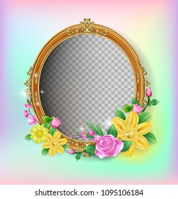 Oval Invitation Frame Flower Photo Vector, Golden Royal Wood Frame