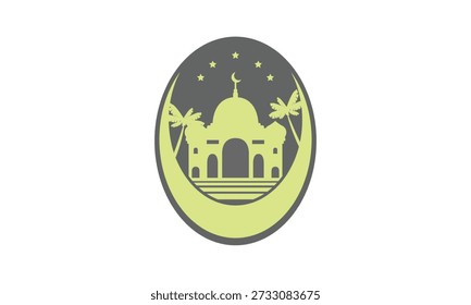 Oval Islamic vector illustration featuring mosque, crescent moon, palm trees, and stars