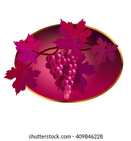 Oval label with bunch of red grapes with leaves.