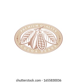 Ovales Etikett mit Kakaobohnen. Hochwertiges Emblem mit Kakaozweig. Vektorillustration.