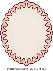 Marco ovalado de la etiqueta con el borde ondulado y la textura sutil, linework limpio. Borde de insignia curvado con contorno festoneado y relleno granulado, sombreado plano. Ilustración vectorial de dibujos animados