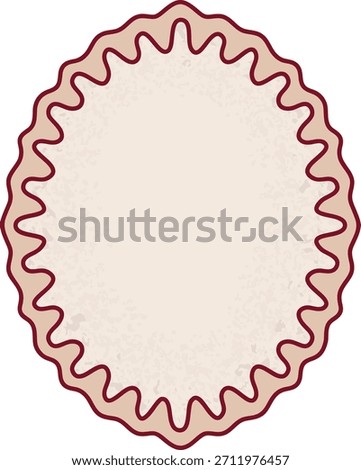 Oval label frame with ripple edge and subtle texture, clean linework. Curved badge border with scalloped contour and grainy fill, flat shading. Cartoon vector illustration
