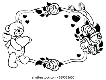 Oval label with outline roses and cute teddy bear holding heart. Copy space. Valentine Day background. Vector clip art.
