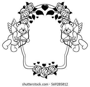 Oval label with outline roses and teddy bear with bow and wings, looks like a Cupid. Copy space. Vector clip art.