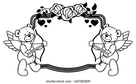 Oval label with outline roses and teddy bear with bow and wings, looks like a Cupid. Copy space. Vector clip art.