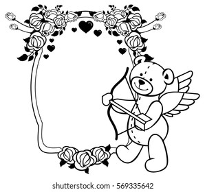 Oval label with outline roses and teddy bear with bow and wings, looks like a Cupid. Copy space. Vector clip art.