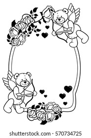 Oval label with outline roses and teddy bear with bow and wings, looks like a Cupid. Copy space. Vector clip art.