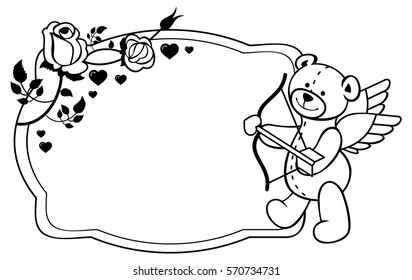 Oval label with outline roses and teddy bear with bow and wings, looks like a Cupid. Copy space. Vector clip art.