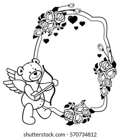 Oval label with outline roses and teddy bear with bow and wings, looks like a Cupid. Copy space. Vector clip art.