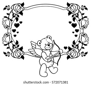 Oval label with outline roses and teddy bear with bow and wings, looks like a Cupid. Copy space. Vector clip art.
