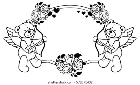 Oval label with outline roses and teddy bear with bow and wings, looks like a Cupid. Copy space. Vector clip art.