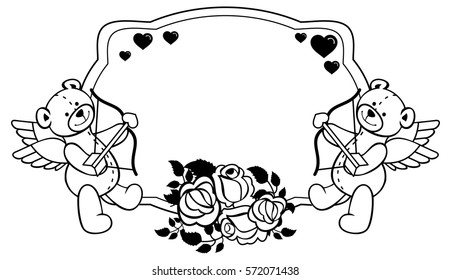Oval label with outline roses and teddy bear with bow and wings, looks like a Cupid. Copy space. Vector clip art.