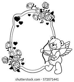Oval label with outline roses and teddy bear with bow and wings, looks like a Cupid. Copy space. Vector clip art.
