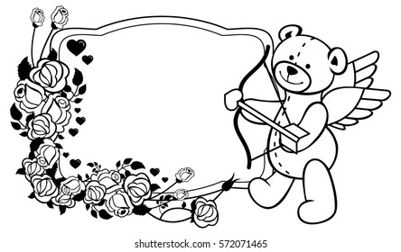 Oval label with outline roses and teddy bear with bow and wings, looks like a Cupid. Copy space. Vector clip art.