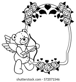Oval label with outline roses and teddy bear with bow and wings, looks like a Cupid. Copy space. Vector clip art.