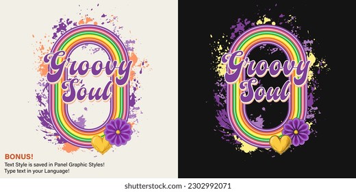 Oval label with peace sign,chamomile, paint splatter, heart, text, editable font effect. Concept of positivity, love and harmony. For clothing, apparel, T-shirts, surface decoration.