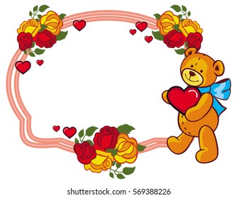 Oval label with red roses and cute teddy bear holding a big heart. Copy space. Vector clip art.