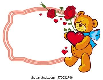 Oval label with red roses and cute teddy bear holding a big heart. Copy space. Vector clip art.