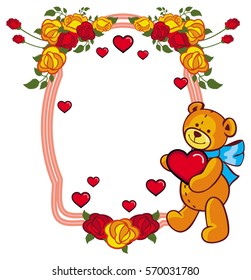 Oval label with red roses and cute teddy bear holding a big heart. Copy space. Vector clip art.